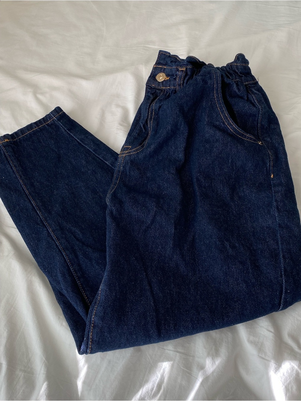 Zara Jeans - Women's Navy Barrel High Waisted w/ Ruffle Paperbag Elastic Waist